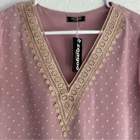 Zeagoo Swiss Dot Lace Trim Blouse Mauve Pink Size Small NWT - Picture 9 of 10